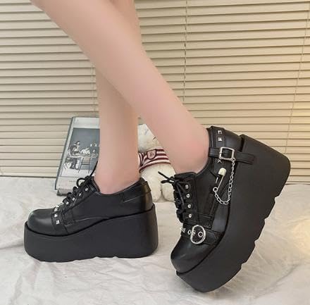 UniqueStride Women Studded Chain Buckle Mary Janes Lace Up Pumps Wedge Platform Round Toe Flats Shoes Punk Goth Pump Shoe