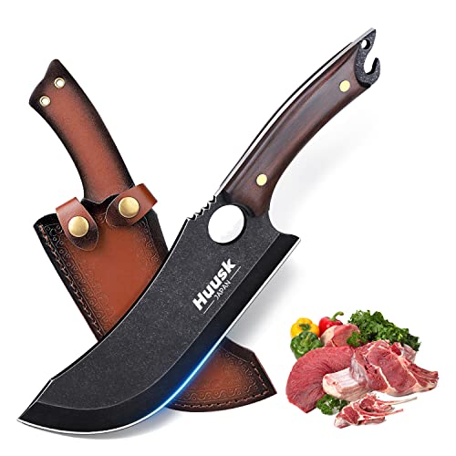 Huusk Hand Forged Meat Cleaver - Japanese Cooking Black Butcher Knife for Meat Cutting, Full Tang Cleaver Knife for Kitchen, Camping Thanksgiving Christmas Gifts