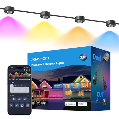 ASAHOM AI Permanent Outdoor Lights S107E, 300FT with 216 RGBCW LED Lights and Dual Output, 30,000 Lighting Effect Combination, IP67 Waterproof for House Halloween Christmas and Daily Decoration, Black