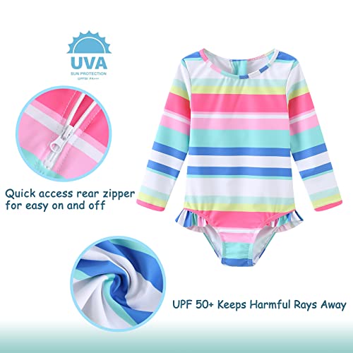 Image of Baby Girls One Piece Swimsuits Long Sleeve Rash Guard for Kids Girls UPF 50+ Sun Protection Swimshirts