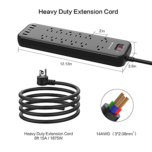 Power Strip Surge Protector With 12 Outlets & 4 Usb Ports & 1 Usb-C Port (5V/3A), 2360 Joules, Angled Flat Plug, Spaced Outlets & Etl Listed Power Outlet For Home Office - Black #TOP3