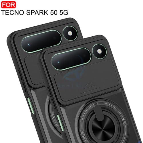 Image of AESTMO Tecno Spark 50 5G Back Cover | Armor Camera Slider 360 Degree Rotating Finger Ring Holder Case with Bracket Stand Back Case Cover (Compatible with MagSafe Accessories) (Black)