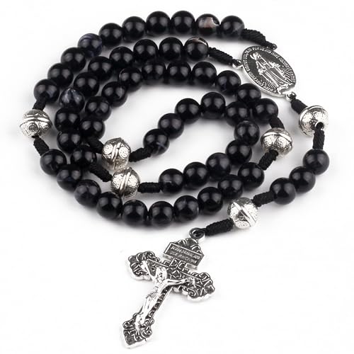 HanlinCC 10mm Beads Catholic Rosary Necklace with Miraculous Center piece and Pardon Crucifix with Gift Box for Men and Women