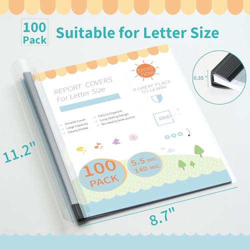 Image of Binditek Clear Report Covers with Sliding Bars, 70 Sheet Capacity, 100 Pack | Clear Report Covers for A4 and Letter Size, 9mm Binding Bars, 5.5 Mil Thick, for Resumes, Presentations, School and Business
