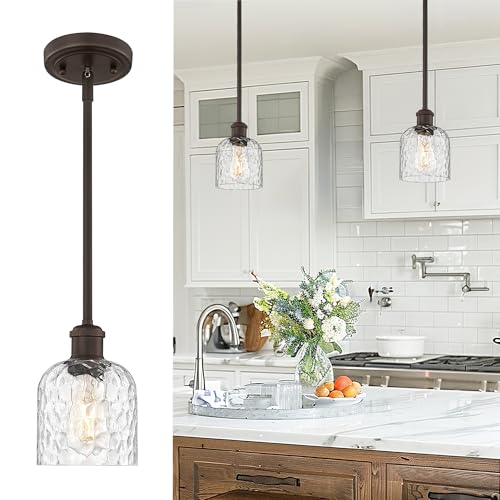 zeyu Farmhouse Hanging Light Fixture, Kitchen Island Pendant Lights, 1-Light Adjustable Hanging Light with Clear Hammered Glass, Oil Rubbed Bronze Finish, ZJF63MIL ORB