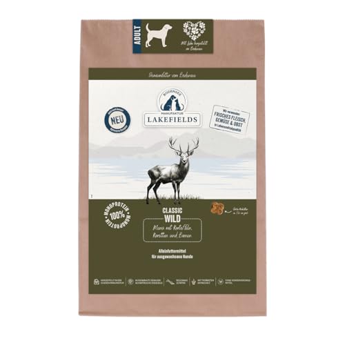 Lakefields Classic Hundefutter trocken | Wild 60% | 2,5kg | Getreidefreies Trockenfutter für ausgewachsene Hunde | Zutaten in Lebensmittelqualität | Heidelbeeren, Karotten & Birne | Schonend gebacken
