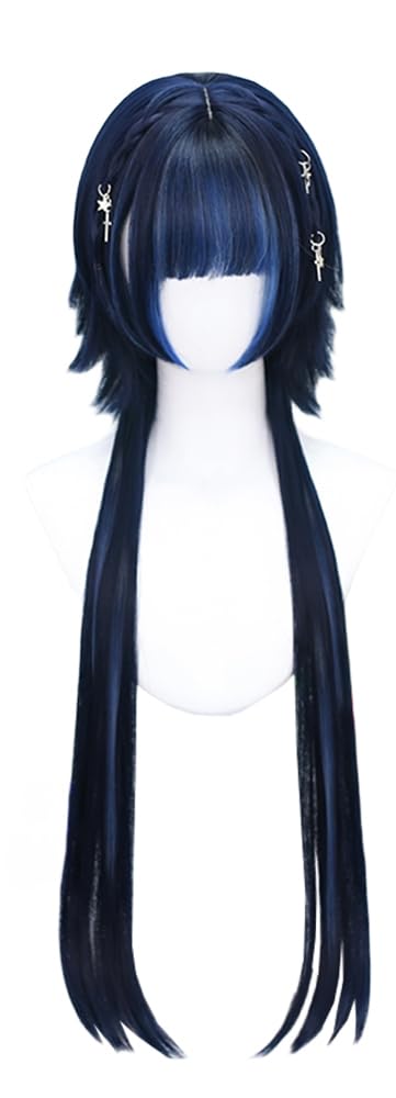 Women Long Straight Wig with Bang Hime Cut Wigs Braids Sweet Lolita Princess Wigs for Daily Party (Ombre Blue-braid)