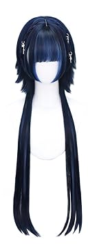 Women Long Straight Wig with Bang Hime Cut Wigs Braids Sweet Lolita Princess Wigs for Daily Party Ombre Blue