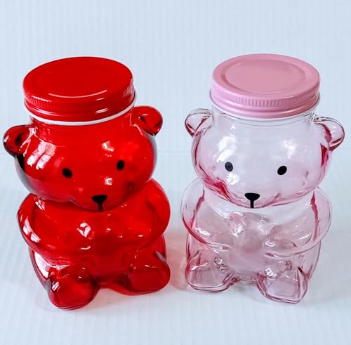Doche JF-Valentine's Day Bear Shaped Glass Containers One Pair of 1-Red & 1-Light Pink Jar (3.74