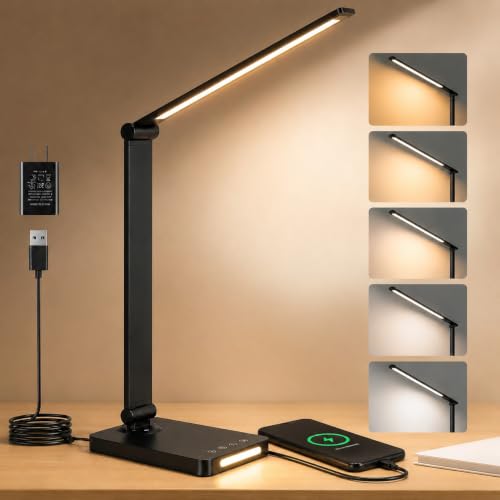 Image of XERGY LED Desk Lamp with USB Charging Output - Dimmable, Touch Control, Timer, Night Mode, 5 Color Mode, Adjustable Arm, Eye-Caring Table Lamp for Study, Office & Home Use - Black(Adaptor Included)