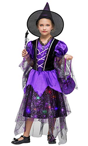GEMVIE Kinderkostüm Mädchen Hexe Kostüm Halloween Karneval Fasching Cosplay Leuchtende Kostüme Violett Hexenkleid + Hexenhut + ZuckerBeutel + Zauberstab 7-9 Jahre Cover