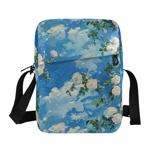 KLL White Roses Clouds blue messenger bag cute Vegan Leather mens crossbody bag small Casual Shoulder Handbag