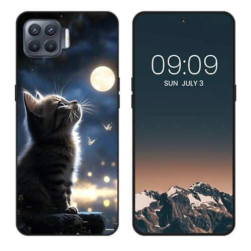 WUACYEAMING Funda Bonita para OPPO A93/Reno 4 Lite/Reno4 F,Carcasa con Aesthetic Lindo Dibujos,Ultrafina Suave TPU Antigolpes Case Divertidas Diseño Negro-Luna y Gato