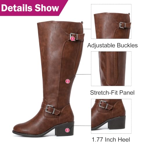 Image of Luoika Women's Extra Wide Calf Heeled Knee High Boots. | Wide Width, Winter Boots, Block Heel, Adjustable Buckle, Round toe