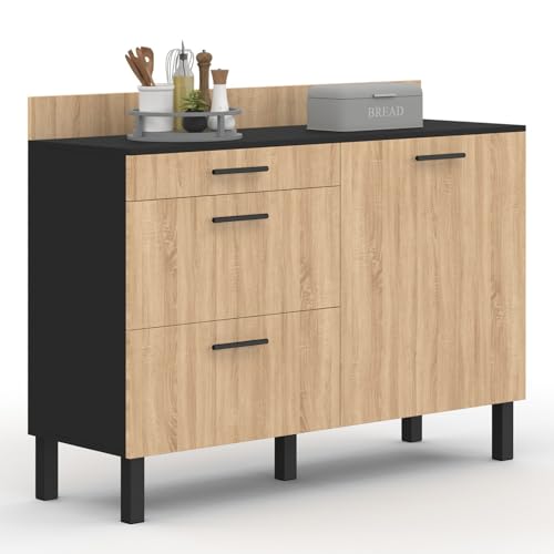 Buffet bas casserolier de cuisine 120 cm CINA plan de travail H.83 cm 1 porte + 3 tiroirs et façon hêtre - vue 5