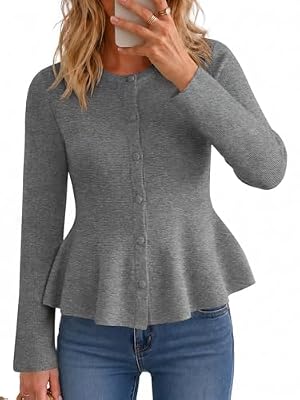Saodimallsu Womens Peplum Tops Ruffle Cardigan Trendy Knit Sweater | Long Sleeve,Button Up,Sweater Blazer,Dressy Casual,2026 Fall Winter,Soft Cozy,Daily Wear,Office Work,Going Out