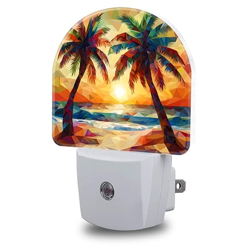 Image of Night Lights Plug into Wall Beach Sunset with Palm Trees Night Light Dusk to Dawn Smart Sensor Decorative Round Led Lamp for Bedroom Kitchen Hallway Nightlight for Women Men