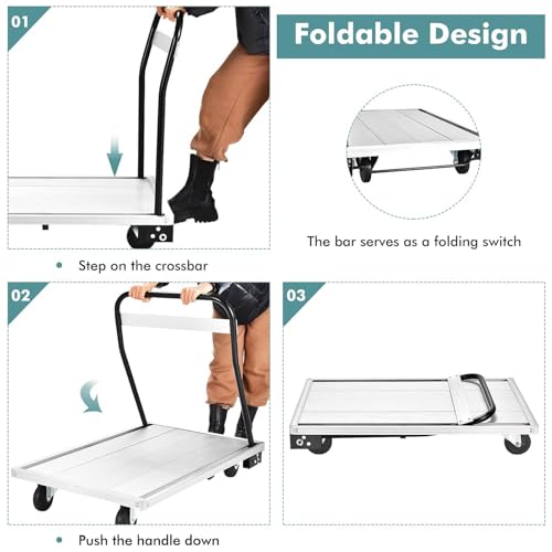 Carrello pieghevole in alluminio resistente con superficie antiscivolo e ruote girevoli per una mobilità senza sforzo, perfetto per magazzini, garage e uso domestico.