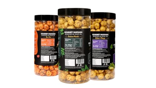 Image of H O M House Of Makhana 195g Pudina,Peri Peri And Achari Mango Gourmet Makhana Jar Roasted in Olive Oil, Flavored Makhana Pack of 3 (65gX3)