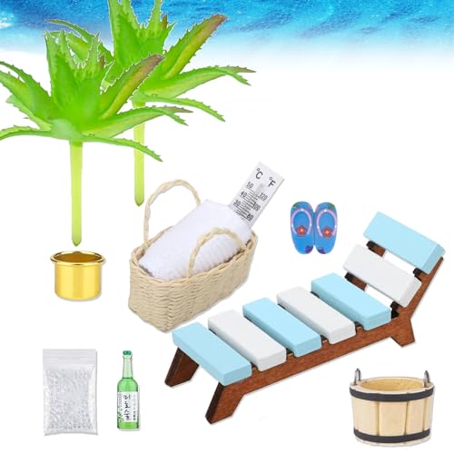 12 Stück Strand Mikrolandschaft, Strand deko Miniatur Set, Mini Stranddekorationen, Mini liegestuhl deko klein, Miniliegestuhl Strandkorb Sonnenschirm Kleine Palme Deko, für DIY, Garten, Gartenmöbel