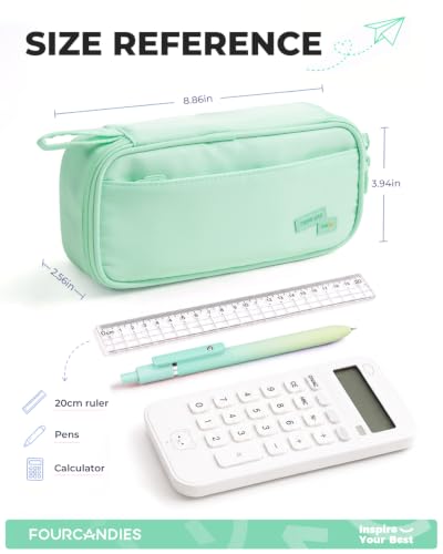 Four Candies Large Pencil Case, 5 Compartments Pen Organizer, Big Capacity Canvas Pencil Pouch Bag for School Supplies, Portable Stationery Holder for Teen Girls, Women (Peppermint Green) — view 6