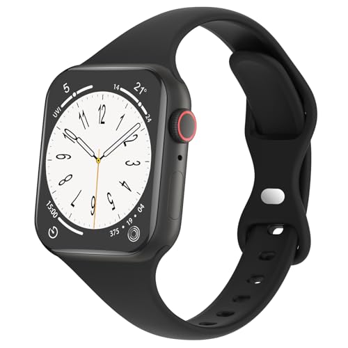 DYKEISS Sport Slim Silicone Band Compatible for Apple Watch Band 38mm 42mm 40mm 44mm, Thin Soft Narrow Replacement Strap Wristband for iWatch Series 5/4/3/2/1 Women & Men (Black, 42mm/44mm)