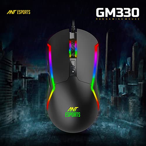 Image of Ant Esports GM330 RGB Optical Wired Gaming Mouse - Black, Multicolor Backlit Lighting, 12800 DPI Optical Sensor, Light Weight and Flexible Braided Cable