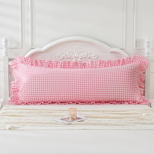 Pink/White Gingham Body Pillow Sham 20x54 inches, 100% Washed Cotton Ruffled Vintage Pillowcase Farmhouse Body Pillow Cover for Bed/Sofa