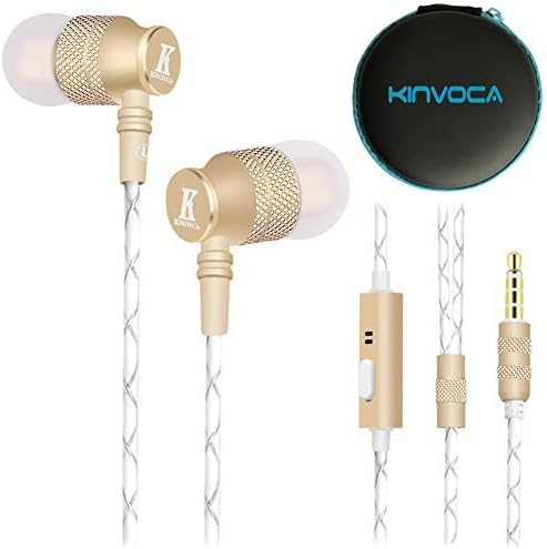 KINVOCA Wired Metal In Ear Earbuds Headphones with Microphone Volume and Case, Bass Stereo Noise Isolating Inear Earphones Ear Buds for Cell Phones, Aluminum Alloy, Carabiner, 3.5mm Jack, Gold
