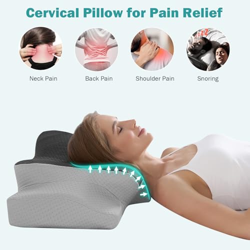 Hansleep 4.7/5.5\" H Adjustable Cervical Pillow for Neck Pain, Ergonomic Memory Foam Neck Pillow for Sleeping with Pillowcase, Orthopedic Contour Neck Pillow for Side Back Stomach Sleeper, Grey