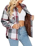 Gozoloma Sherpa Plush Fuzzy Fleece Lined Jacket Womens Plaid Flannel Shacket Jacket Lapel Button Flu