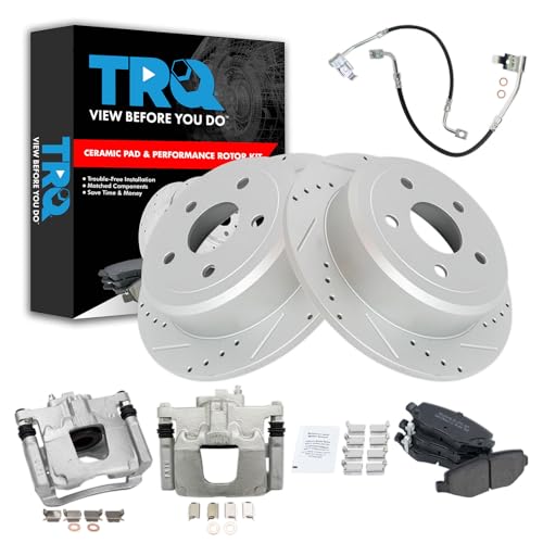 Image of TRQ Performance Rear Brake Pad and Rotor Set Semi Metallic Slotted Drilled Coated Rotors Calipers Compatible with 2008-2012 Jeep Wrangler