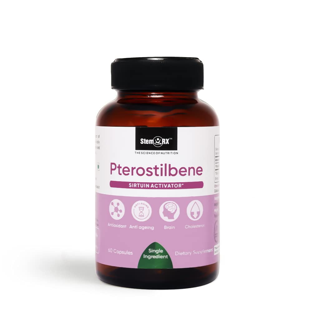 StemRx Biosciences Pterostilbene Antioxidant Support Supplements | Stress Relief | Anti Aging | Brain | Cholesterol | Brain Supplement for Memory Focus and Concentration | 60 Veg capsules