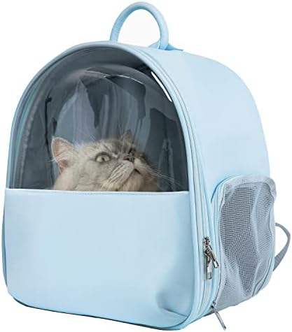 YUAZWELA Pet Backpack Travel Carrier, for Less Than 16.5 Ib Small Cats and Dogs, Ventilated Design, Foldable, PVC Transparent Cover Portable Pet Bag Leather Safety Strap Carrying Hiking, Blue
