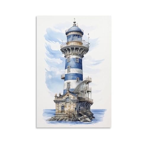 AYAROS Posters sur toile imprimée phare de l'océan vintage balise bleu blanc décoration murale convient pour salon, chambre à coucher