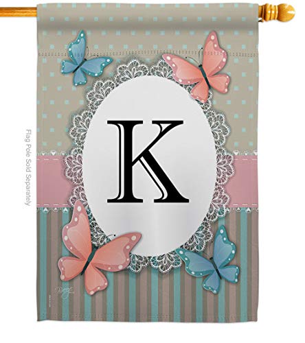 Breeze Decor - Butterflies K Initial Garden Friends - Everyday Bugs & Frogs Impressions Decorative Vertical House Flag 28" x 40" Printed in USA -  H130141-BO