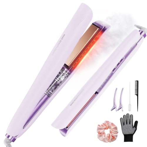 Faithnight Ultrasonic Cool Mist Hair Straightener, Red Light Flat Iron with Titanium Plates, Reduce Heat Damage,5 Adjustable Temperatures, Hair Styling Iron for All Hair Types