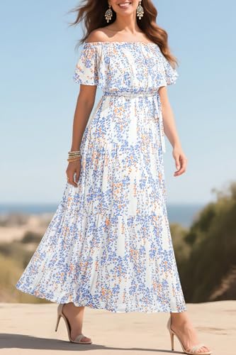 Image of Plus Size Chiffon Off The Shoulder Maxi Long Floral Summer Casual Beach Boho Sundress Women 2024