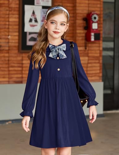 Arshiner Girls Long Sleeve Dress Fall Winter Ruffle Peter Pan Collar Front Button Casual Cotton Dresses2