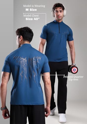 Image of GROW Stylish Gym T Shirts for Men Workout | Cotton and Spandex Quarter Zip Back Printed Collar T Shirts for Men Half Sleeves
