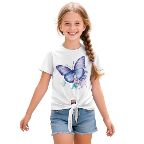 Xhuibop Girls Summer Outfits Short Sleeve Tie Bow Front T-shirts Cute Tops for Kids 5-12