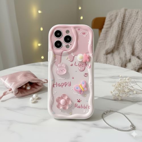 Cute 3D Bunny Phone Case Compatible with iPhone 17 Pro Max - Pink Floral TPU Shockproof Case with Strap, Kawaii Aesthetic Phone Cover for Girls, Gift for Her (iPhone 16 Pro Max) image 5