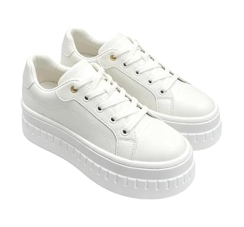 NIUGQXPX Women's Platform Sneakers Lace Up Thick Sole Faux Leather Casual Fashion Walking Shoes (White,6)