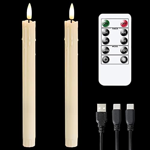 Vtobay Rechargeable LED Flameless Taper Candles,Battery Operated Remote and Timer 3D-Wick Dripping Wax Design Window Candles,Set of 2 Ivory Flickering Candlesticks(USB Charging Cable,0.86” x 9.8”)