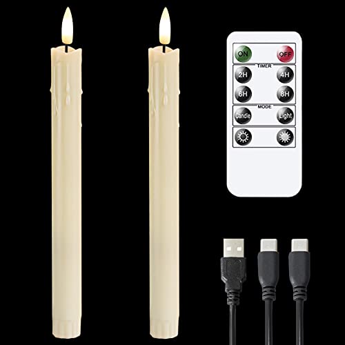 Vtobay Rechargeable Led Flameless Taper Candles,Battery Operated Remote And Timer 3D-Wick Dripping Wax Design Window Candles,Set Of 2 Ivory Flickering Candlesticks(Usb Charging Cable,0.86” X 9.8”) #TOP26