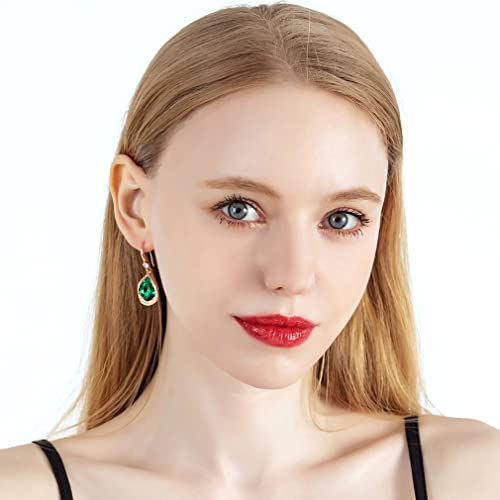 Austrian Crystal Halo Teardrop Hollow Drop Dangle Earrings For Women 14K Rose Gold Plated Hypoallergenic Jewelry (Emerald) #TOP1