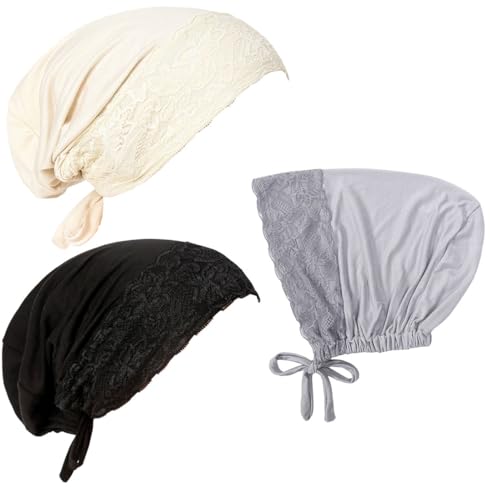 Lucky staryuan 3Pack Women's Lace Turban Cap,Elastic Hijab Undercap,Soft Breathable Cap for Daily Wear,Chemo,Sleep(US, Numeric, 6 3/4, 7 1/4, Beige Black Grey)