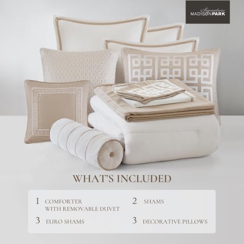 Image of Madison Park Signature Oversized King Comforter Set, Luxury Hotel Style Bedding with Embroidered Details, All Season Down Alternative Comforter, Matching Shams & Decorative Pillows, Taupe, 9 Piece