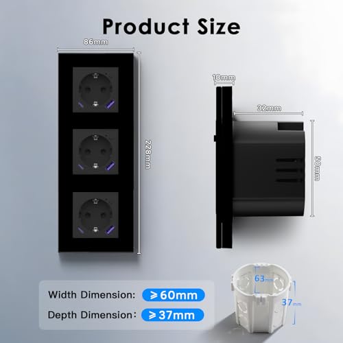 BSEED ZigBee Steckdose mit USB C 20W Schnellladegerät mit Verbrauchsmessung,Smart Steckdose Unterputz für Alexa/Google Home,Smart Wandsteckdose mit Strommessung 16A,3 Fach Schwarz(Gateway Hub Bedarf)