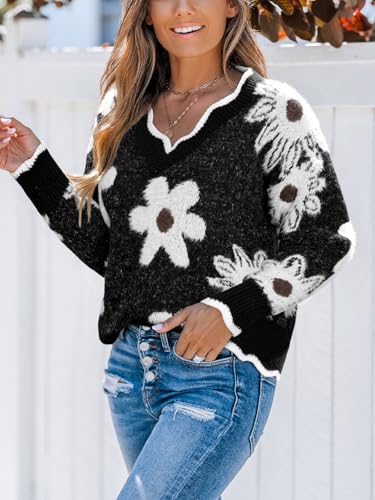 Image of CUPSHE Sweaters for Women Long Sleeve Pullover Knit Tops | Floral Scalloped V Neck Pullover Sweaters, Soft and Cozy Fabrics, Relaxed Fit, Fall Clothes, Winter Clothing, Cute Fashion